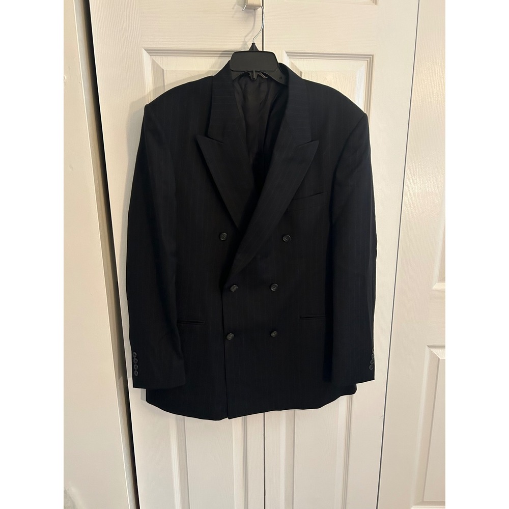 Stafford Executive Hartmarx Mens 43L Double Breasted Wool Pinstripe Blazer Black